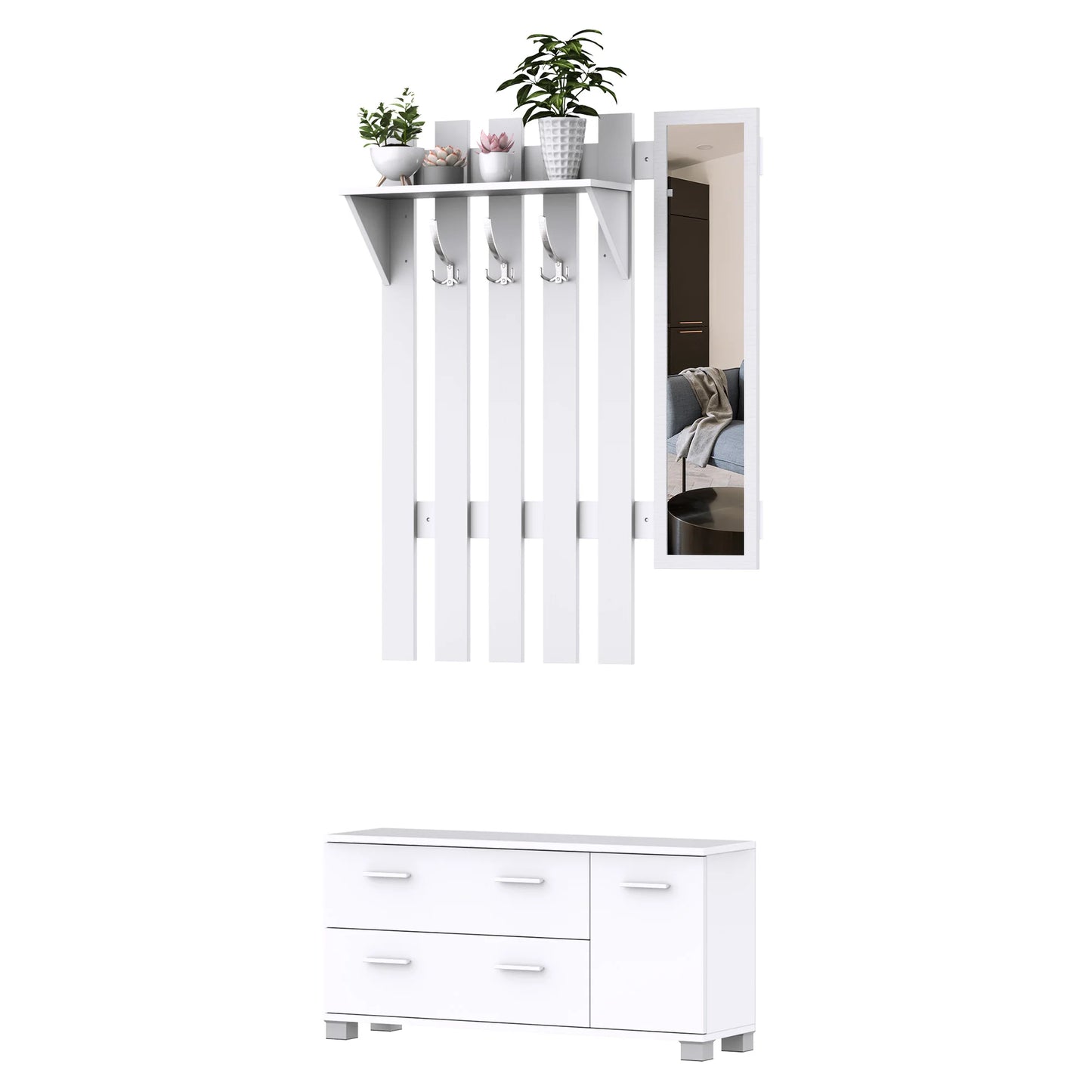 3-in-1 Halmeubel – Kapstok – Wandkapstok – Staande Kapstok – Garderoberek – Schoenenkast – Melamine Hout & Spiegel – Draagvermogen 100 kg