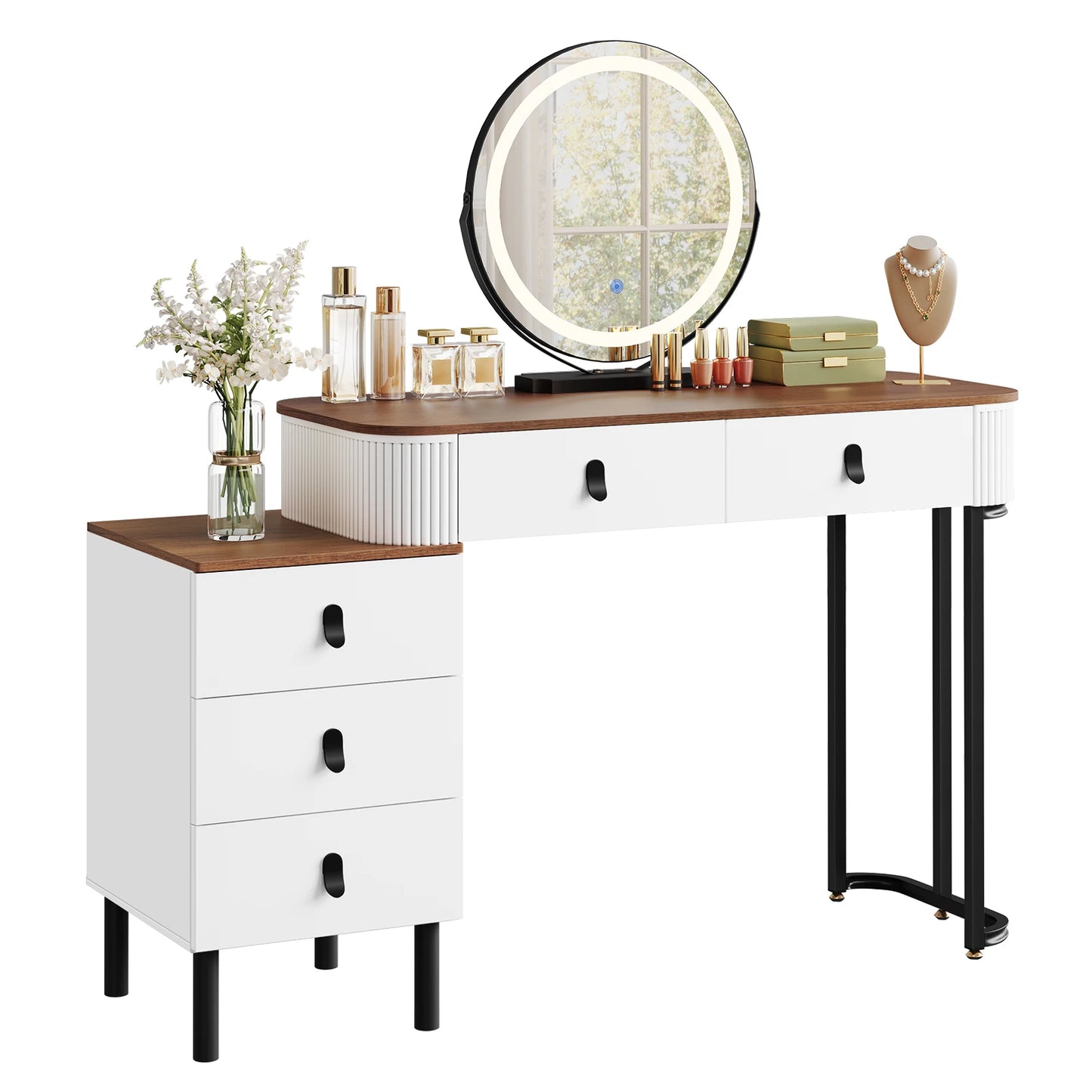 Make-up tafel – Kaptafel – Make-up meubel – Make-up bureau – Variant bruin met kruk – Dimbare 3-stand LED-verlichting – 5 ruime lades van duurzaam MDF