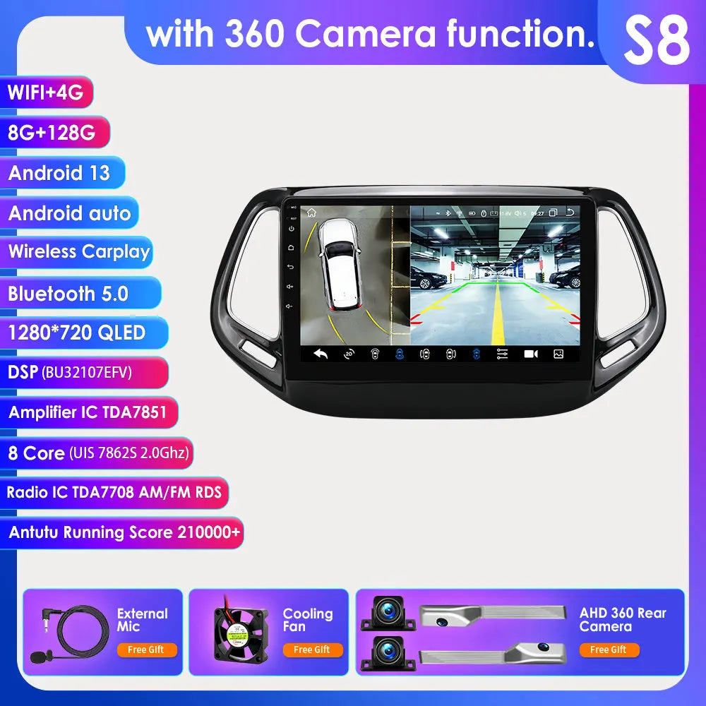 Multimedia Autoradio Jeep Compass – 2DIN Navigatiesysteem – Android Car Stereo – Touchscreen Speler – Bluetooth Radio – 13,1 inch QLED – 360° Cameraintegratie – CarPlay & Android Auto