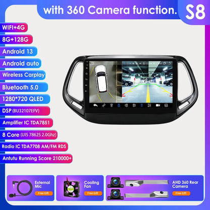 Multimedia Autoradio Jeep Compass – 2DIN Navigatiesysteem – Android Car Stereo – Touchscreen Speler – Bluetooth Radio – 13,1 inch QLED – 360° Cameraintegratie – CarPlay & Android Auto
