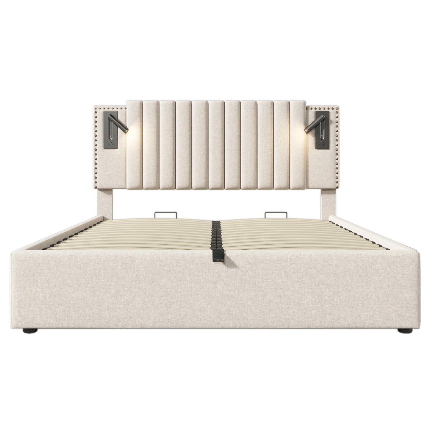 Tweepersoonsbed – Bedframe – Slaapbank – Boxspring – Opbergbed – Beige 160x200 cm – Verstelbare Rugleuning – Ingebouwde USB-C Oplaadpoorten