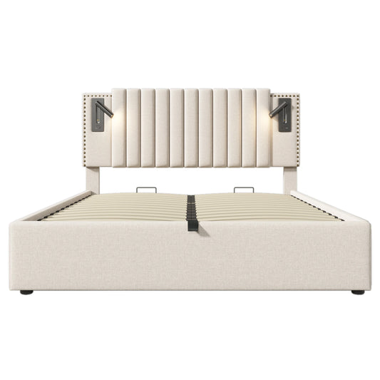 Tweepersoonsbed – Bedframe – Slaapbank – Boxspring – Opbergbed – Beige 160x200 cm – Verstelbare Rugleuning – Ingebouwde USB-C Oplaadpoorten