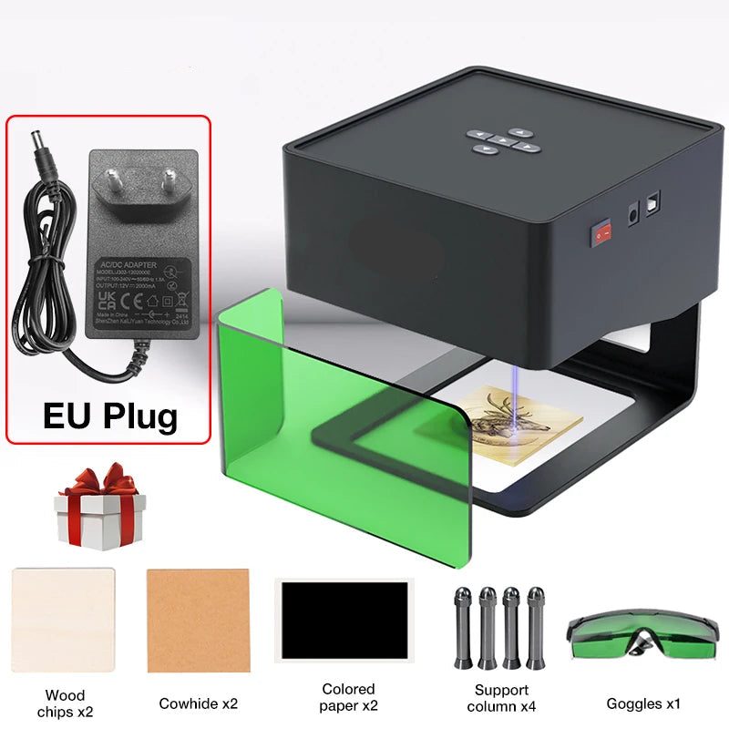 Lasergraveermachine - Graveermachine - Mini Draagbare Laser Graveermachine - 220V - 3000mW  - Laser Cutter - DIY CNC Logo Markeer- en Snijmachine - voor Hout, Kunststof en Leer (EU Stekker) - QUORE