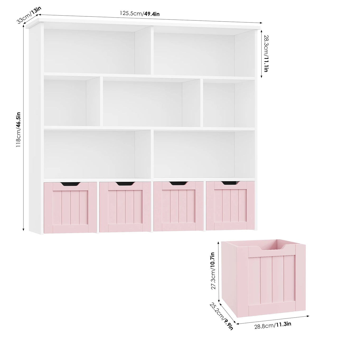Speelgoedopberger – Speelgoedkast – Kinderboekenkast – Speelkamermeubel – Kinderspeelgoed Organizer – Roze Variant – 125,5x33x118 cm – 4 Lades met 360° Wieltjes