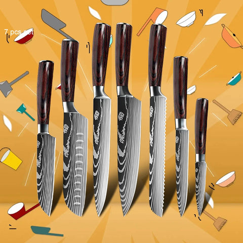 Keukenmessen - Knife set - Chef Knife - Knives - Kitchen Knife - Japans 7CR17 440C Hoog Koolstof - Roestvrij Staal - Laser Damascus Patroon Mes - 7 Stuks