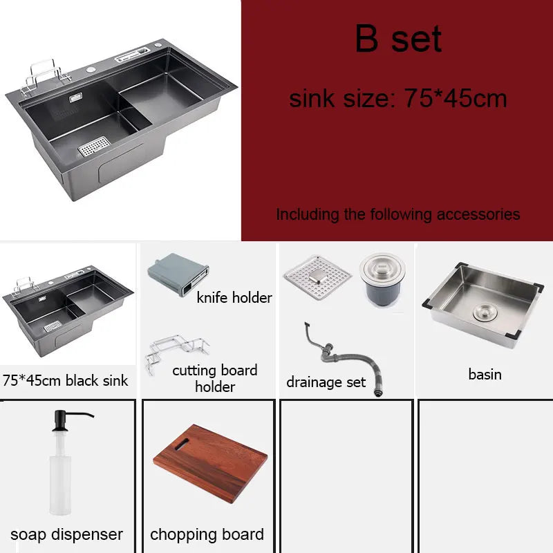 High and low kitchen sink With knife holder Cutting board rack stainless steel pia Matte black sink vegetable washing basin