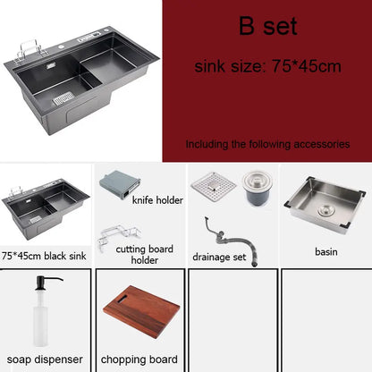High and low kitchen sink With knife holder Cutting board rack stainless steel pia Matte black sink vegetable washing basin