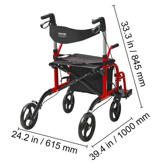 Rollator - Rolstoel Lichtgewicht Opvouwbaar - Rolstoel Opvouwbaar - 2 in 1 - Wandelaar en Rolstoel - Aluminium Mobiliteit Wandelaar voor Senioren - Rood - QUORE