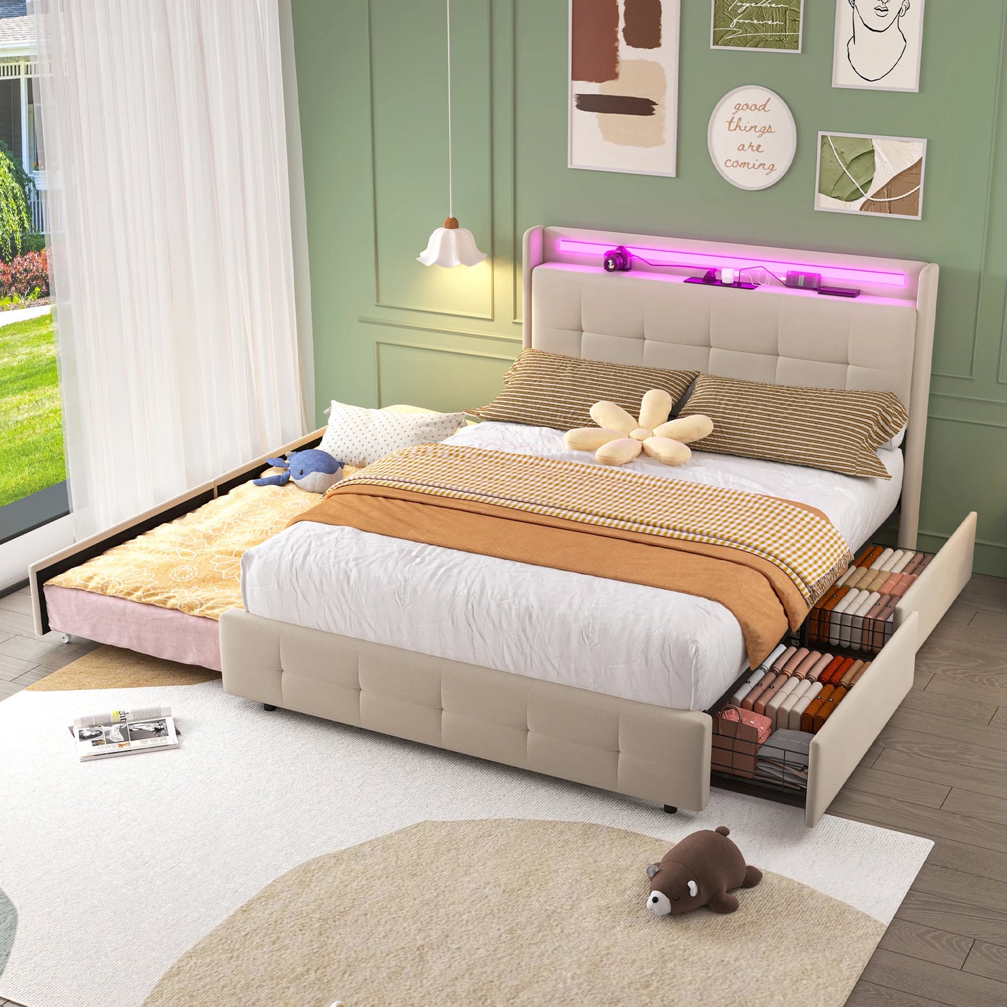 2-persoonsbed – Tweepersoonsbed – Bed Met Opbergruimte – Slaapbank – Led Bed – Met USB Oplaadpoort – Stijlvol Met Metaal En Composite Stof – 222x168,5x113 cm