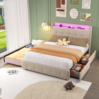 2-persoonsbed – Tweepersoonsbed – Bed Met Opbergruimte – Slaapbank – Led Bed – Met USB Oplaadpoort – Stijlvol Met Metaal En Composite Stof – 222x168,5x113 cm