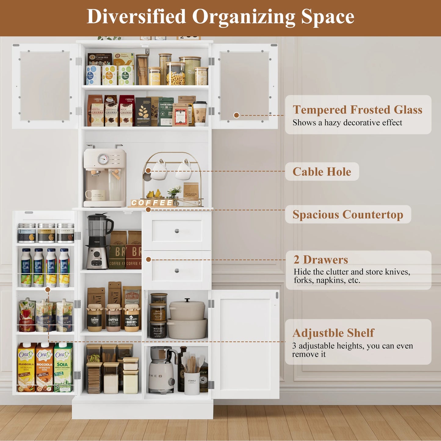 Hoge keukenkast – keukenkast met lades – buffetkast – voorraadkast – opbergkast – wit – 182,5 cm hoog – MDF met matte afwerking – glazen deuren en werkblad met kabeldoorvoer