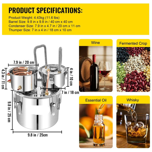 Alcohol Distilleerketel - 12L - Destilleerapparaat – RVS & Koper - Snelle Koeling - Whisky - Bier en Brandy – DIY Distilleerapparaat – Voor Thuisgebruik