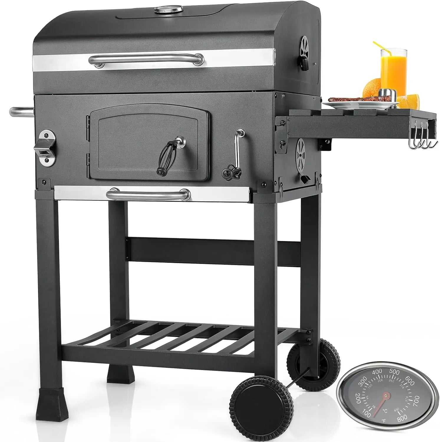 Charcoal Grill Cart with Lid,BBQ Smoker,Charcoal Grill Trolley with 2 Wheels,Standing Grill,for Camping,Garden - QUORE
