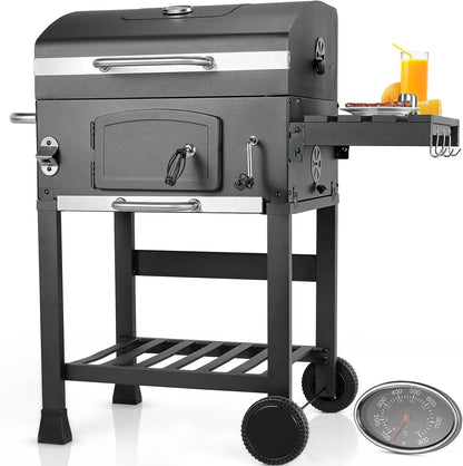 Charcoal Grill Cart with Lid,BBQ Smoker,Charcoal Grill Trolley with 2 Wheels,Standing Grill,for Camping,Garden - QUORE
