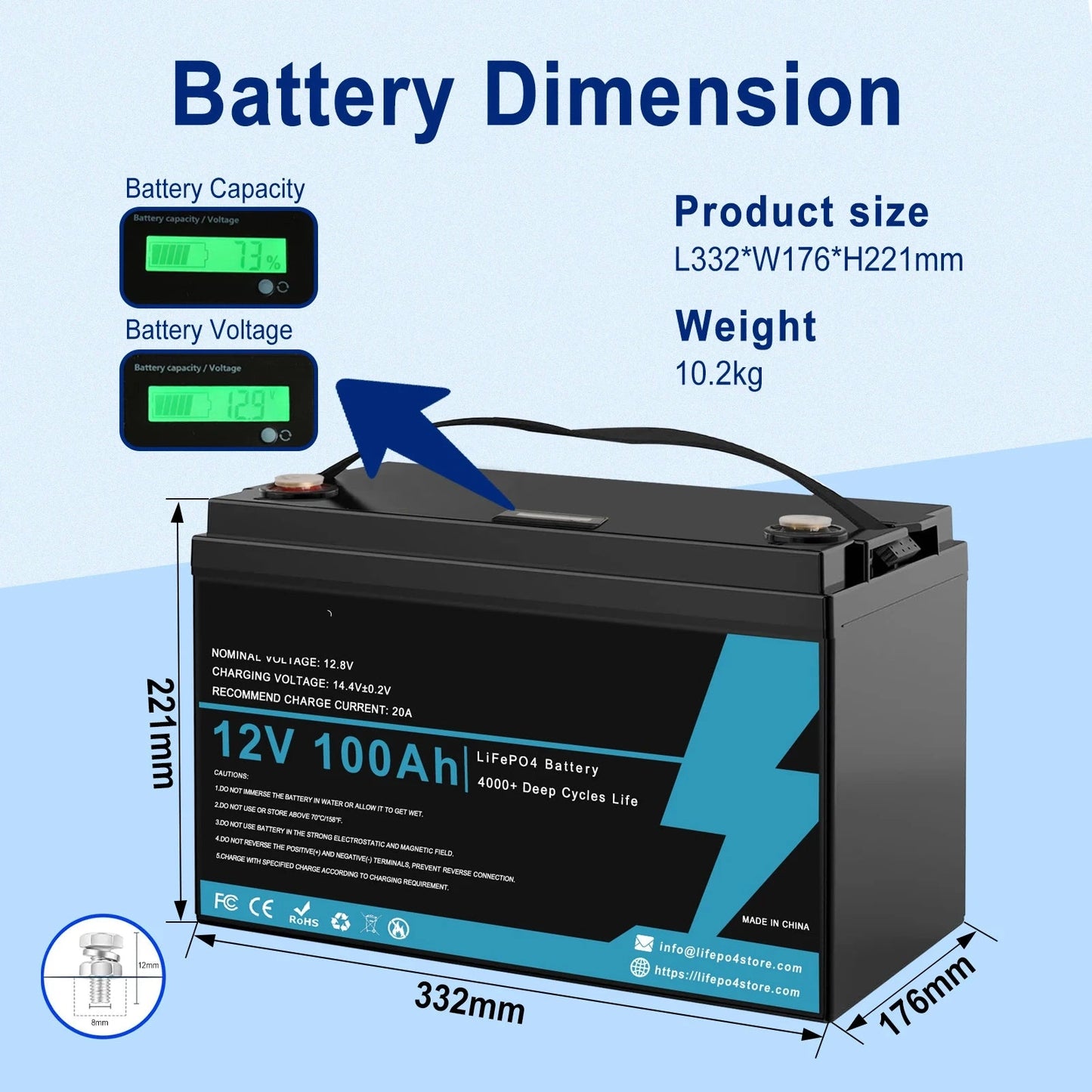 LiFePO4 Batterij – 12V Accu – Energieopslag – Camper Accu – Boot Accu – 100Ah Capaciteit – IP65 Waterbestendig