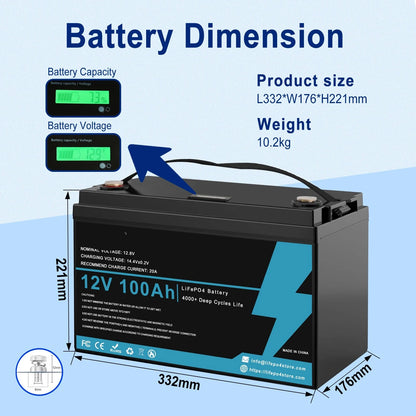 LiFePO4 Batterij – 12V Accu – Energieopslag – Camper Accu – Boot Accu – 100Ah Capaciteit – IP65 Waterbestendig