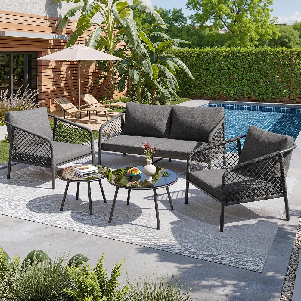 Loungebank – Tuinbank – Loungeset – Buitenbank – Tuinmeubel – Roestvrij Stalen Frame – Inclusief Comfortabele Kussens