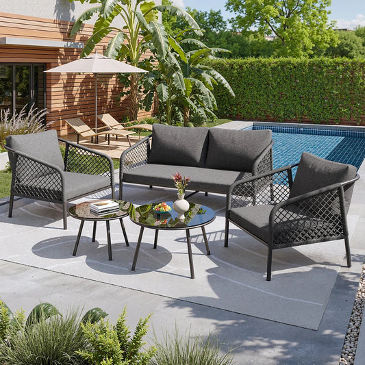 Loungebank – Tuinbank – Loungeset – Buitenbank – Tuinmeubel – Roestvrij Stalen Frame – Inclusief Comfortabele Kussens