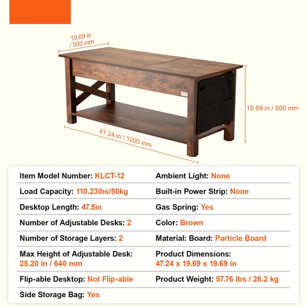 Koffietafel - Table - Coffe table - Living Room Table - Lift Top salontafel - tafel met extra opbergruimte - omklapbare salontafel voor de woonkamer - 47.5in - Bruin - 57.76lbs