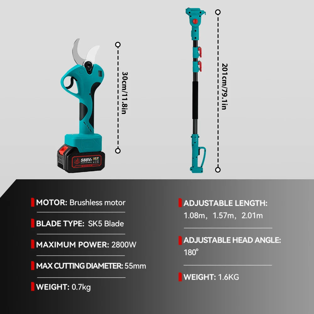 Telescoop Takkenschaar - Elektrische Snoeischaar - Heggenschaar Accu - Borstelloze - 45MM - 2800W - 2-in-1 Tuinschaar - voor Hoge Takken - Met 1 Batterij en 1 EU Plug