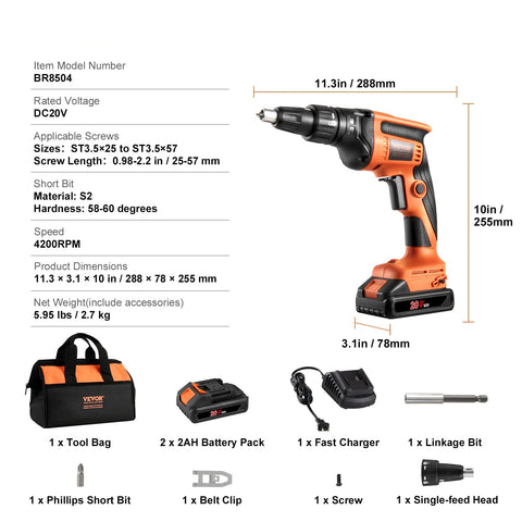 Elektrische Schroevendraaier - Accu Schroevendraaier - Gereedschapset - Accu Schroefboormachine - 20V - 4200RPM - Achteruit Verstelbaar - Enkel Schot