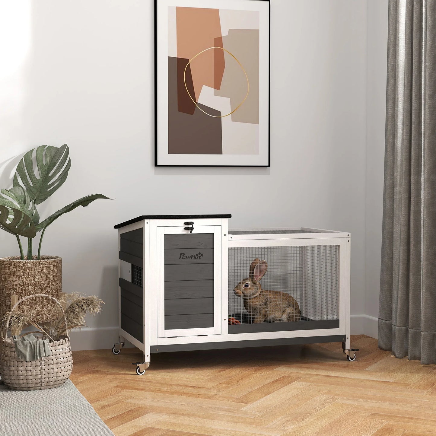 Houten Dierenren – Buitenren – Konijnenhok – Kleine Dierenhok – Waterbestendig Dak – Uitneembare Lade - 91 x 51 x 66 cm - Wit & Donkergrijs - QUORE