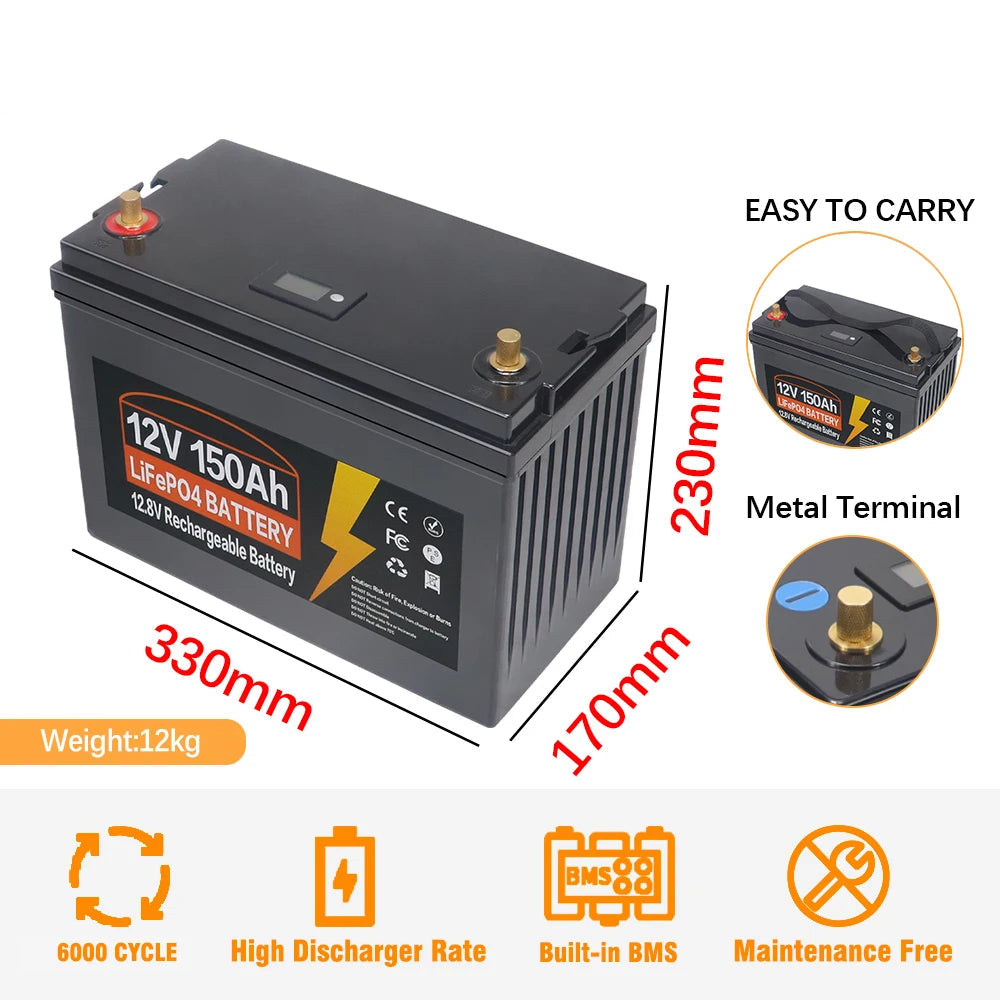Accu - Draagbare Krachtcentrale - IJzerfosfaat Accu -  Onderhoudsvrije Accu - 12V 150AH 120AH LiFePo4 Accu met Ingebouwde BMS - Lithium IJzerfosfaat Accu 6000 Cycli voor RV, Campers, Golfkar en Zonne-energie met Oplader