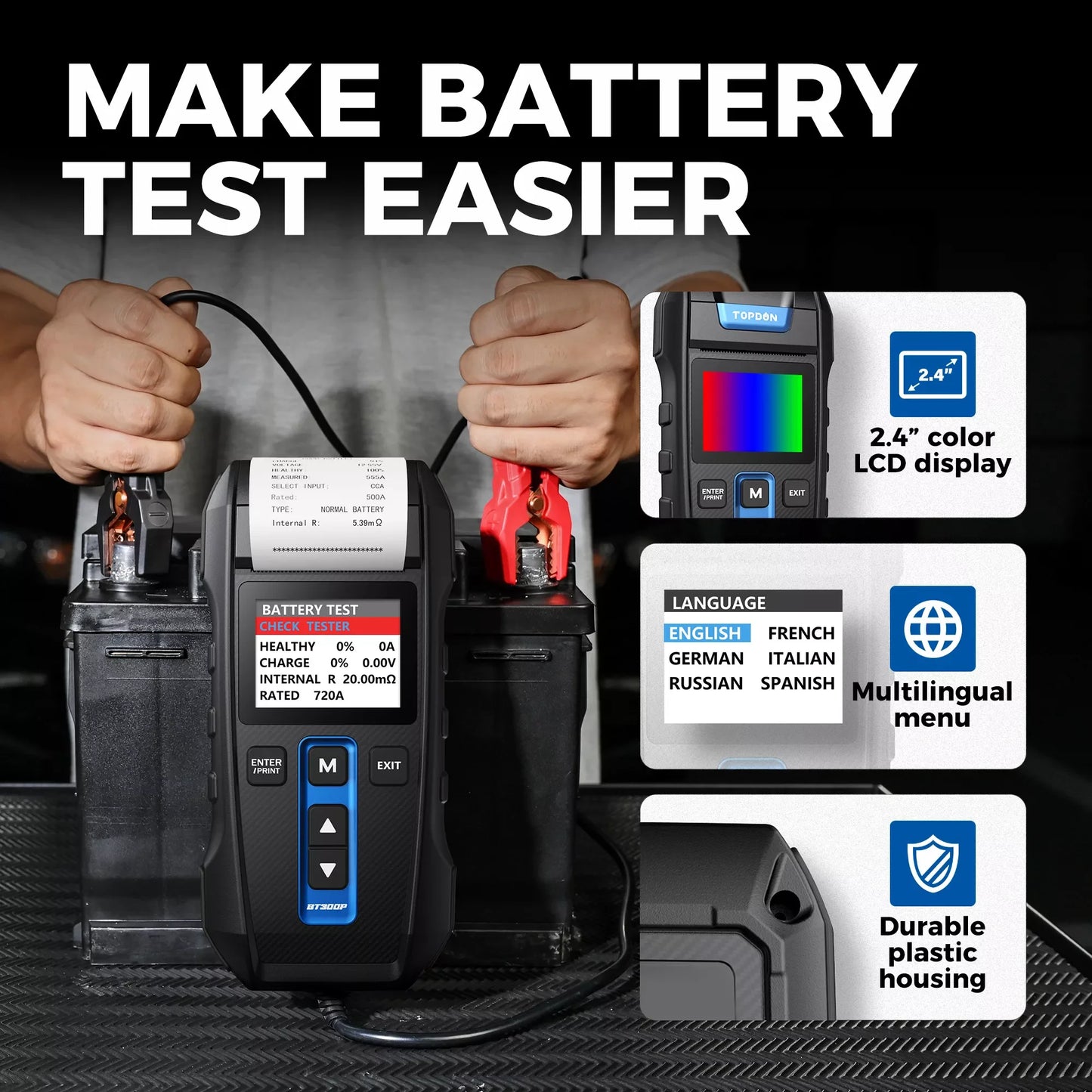 Batterijtester - Accutester - Batterij Checker - 12V/24V - Digitale Oplaad- en Starttest Tool – Voertuiganalyse met Printer – Ondersteunt 8 Talen