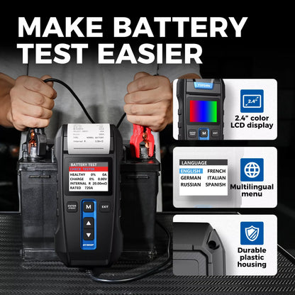Batterijtester - Accutester - Batterij Checker - 12V/24V - Digitale Oplaad- en Starttest Tool – Voertuiganalyse met Printer – Ondersteunt 8 Talen