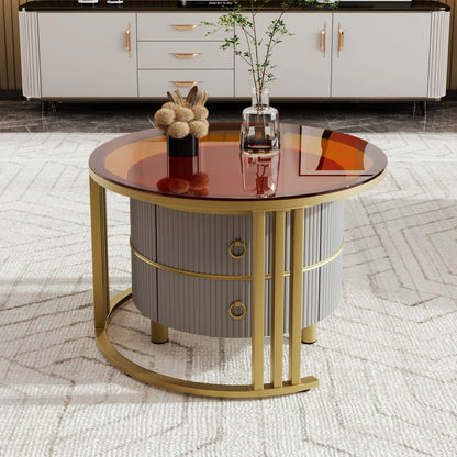 Salontafel – Bijzettafel – Woonkamertafel – Koffietafel – 2-in-1 Rond Model – Hoogglans Wit en Bruin Glas – 2 Lade Opbergruimtes – MDF & Gehard Glas - QUORE