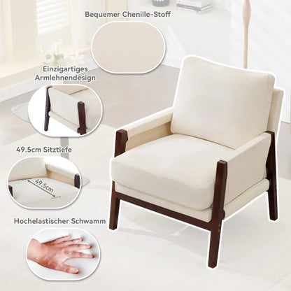 Relaxstoel – Loungestoel – Fauteuil – Leesstoel – Relaxfauteuil – Zitstoel – Chenillestof Bekleding – Massief Houten Frame - 76.5 x 83 x 95.5 cm - Wit