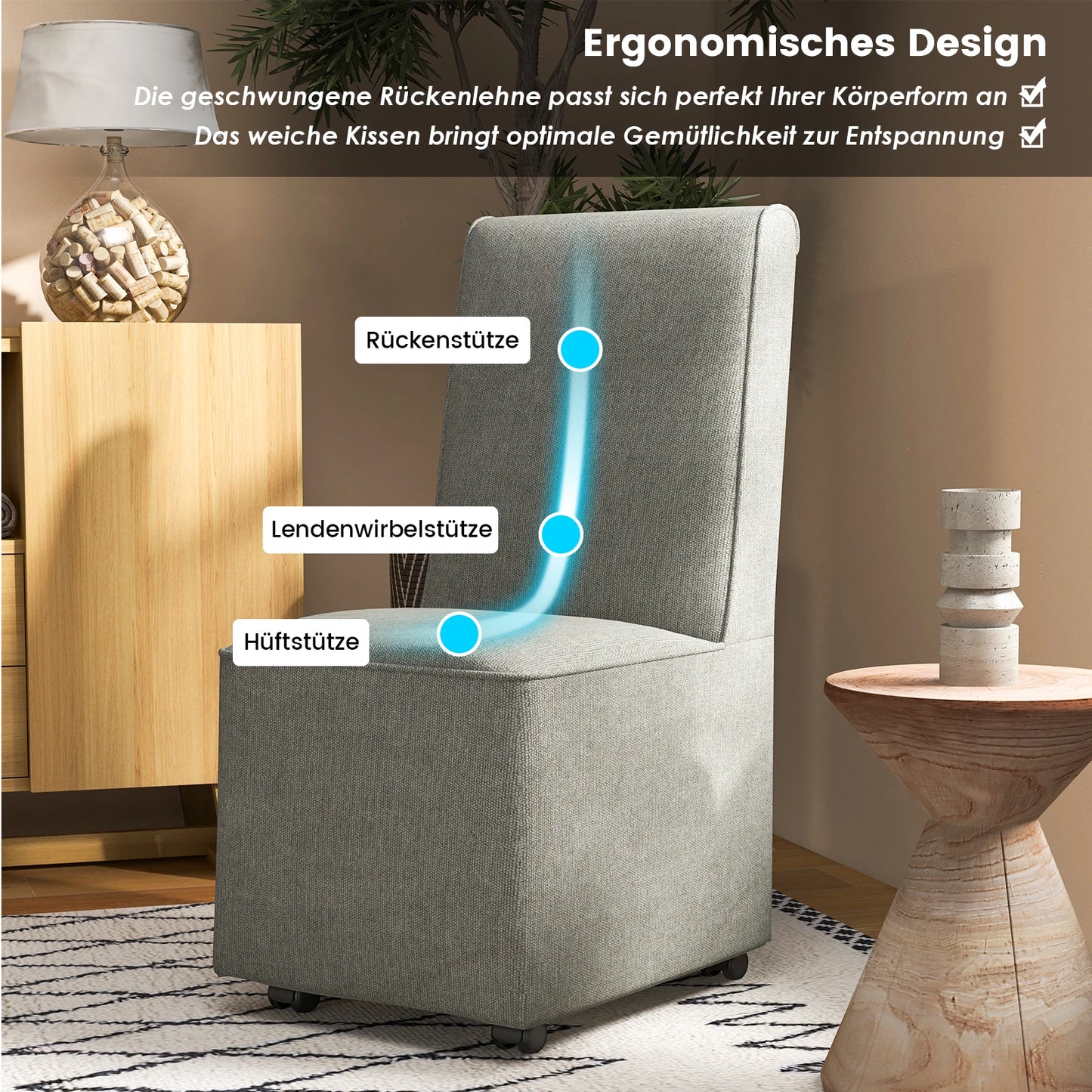 Elegante Houten Eetkamerstoel in Grijs – Comfortabele Gestoffeerde Zitting – Klassieke Hoge Rugleuning – Stevig Houten Frame – Geschikt voor Keuken, Eetkamer of Woonkamer – 47 x 60,5 x 98 cm