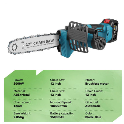 Kettingzaag - Snoeizaag - Takkenzaag - Handzaag - Mini - Draadloze - Elektrische - 12 Inch - Brushless Motor - en LED Display – 18000RPM - Inclusief 1x 18V Accu en Oplader
