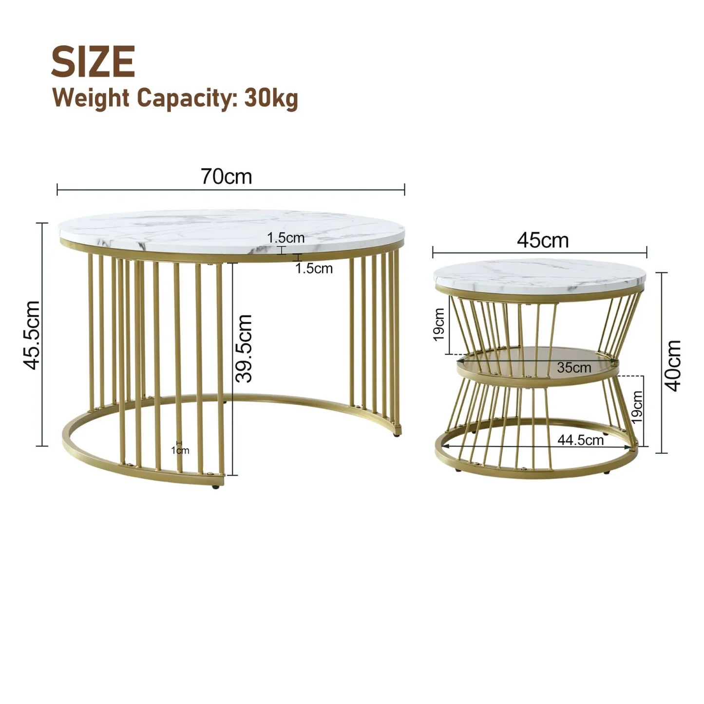 Nesting Salontafel Set – Salontafel – Bijzettafel – Sofa Tafel – Rond Tafeltje – Wit – MDF Marmerfineer – Goud Metalen Frame – Ruimtebesparend Design – Draagvermogen 30 kg - QUORE