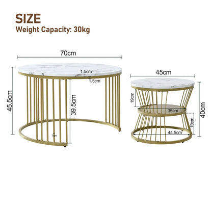 Nesting Salontafel Set – Salontafel – Bijzettafel – Sofa Tafel – Rond Tafeltje – Wit – MDF Marmerfineer – Goud Metalen Frame – Ruimtebesparend Design – Draagvermogen 30 kg - QUORE