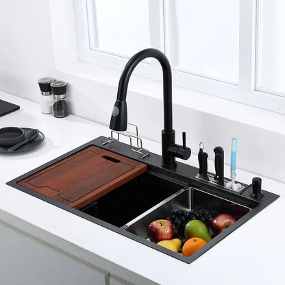 High and low kitchen sink With knife holder Cutting board rack stainless steel pia Matte black sink vegetable washing basin