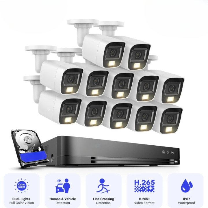 Beveiligingscamera Set – Bewakingscamera – Camerabewaking – 4K Camera Systeem – Veiligheidscamera – 16 Camera’s – 2TB DVR – IP67 Weerbestendig – Slim Nachtzicht