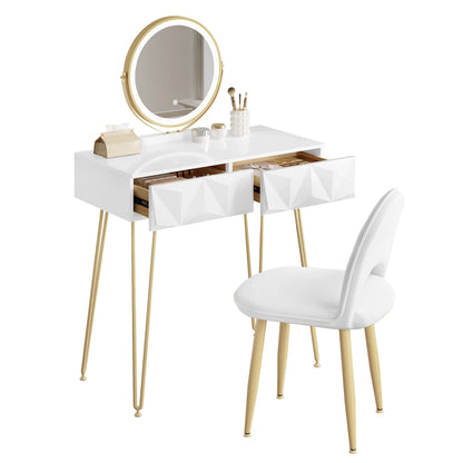 Make-up Tafel – Kaptafel – Vanity Table – Dressoir – Make-up Bureau – Wit Goud – LED Spiegel 3 Lichtstanden – Comfortabele Velvet Stoel Met Verstelbare Rugleuning