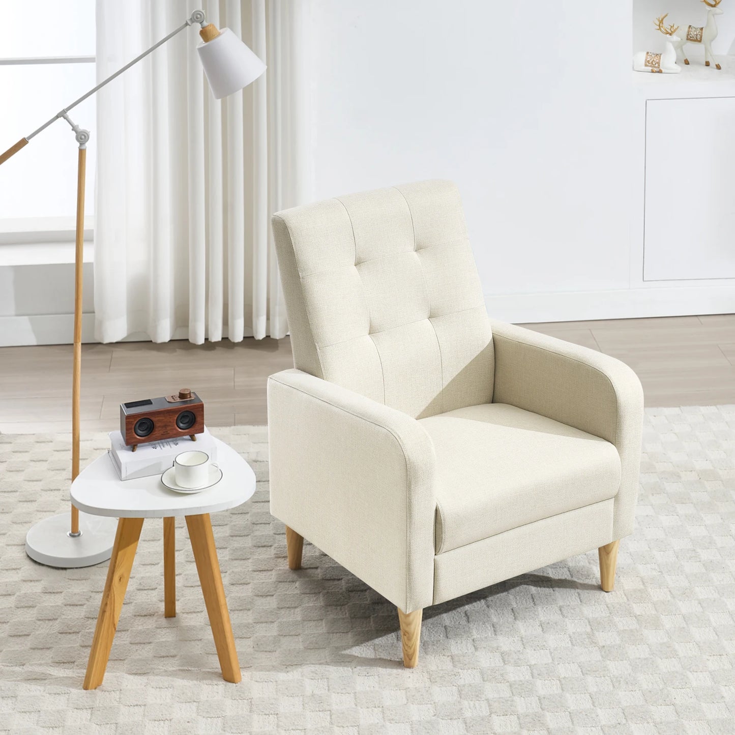 Loungestoel – Fauteuil – Relaxstoel – Leesstoel – Zetel – Beige Linnen Bekleding – Massief Houten Poten – Ergonomisch Zitcomfort