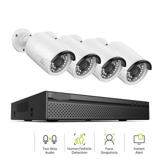 Beveiligingscamerasysteem - 8MP Camera - 8CH NVR - Menselijke - AI-detectie -  POE - Openlucht- IP66 Waterdichte - Bewakingscamera - Ultra HD IP Camera’s - Beveiligingscamera - Ultra HD IP Camera’s met Audio en Nachtzicht - 1TB HDD - 4 Stuks - Wit