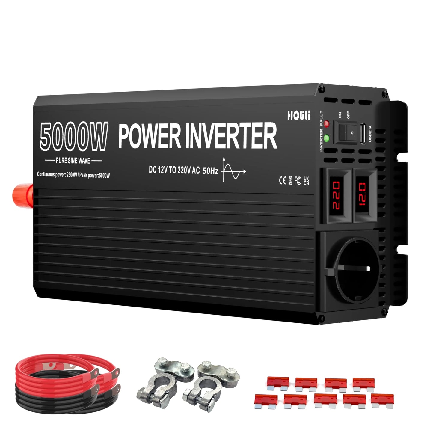 Power Inverter 5000W – Omvormer – Spanningsomzetter – Zuivere Sinusgolf Inverter – DC naar AC Converter – Zuivere Sinusgolf – LED Display – Aluminium Behuizing