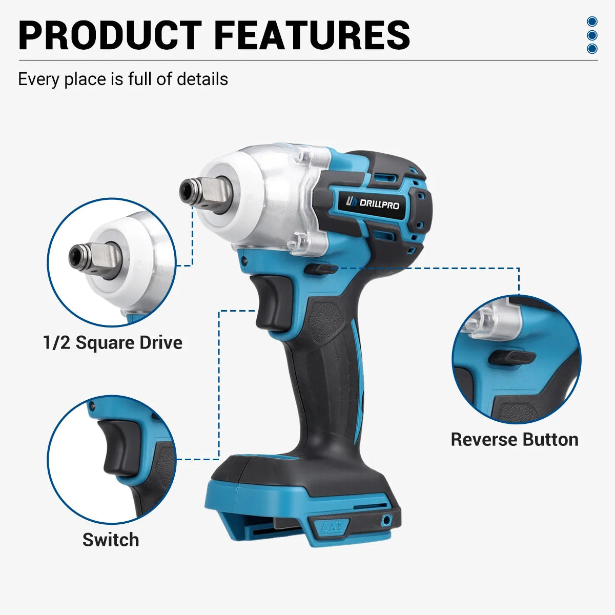 Drillpro 4pcs Power Tool Set 800N.m Electric Wrench 125mm Angle Grinder Brushless Electric Hammer 10mm Drill w/ 2 Battery - QUORE