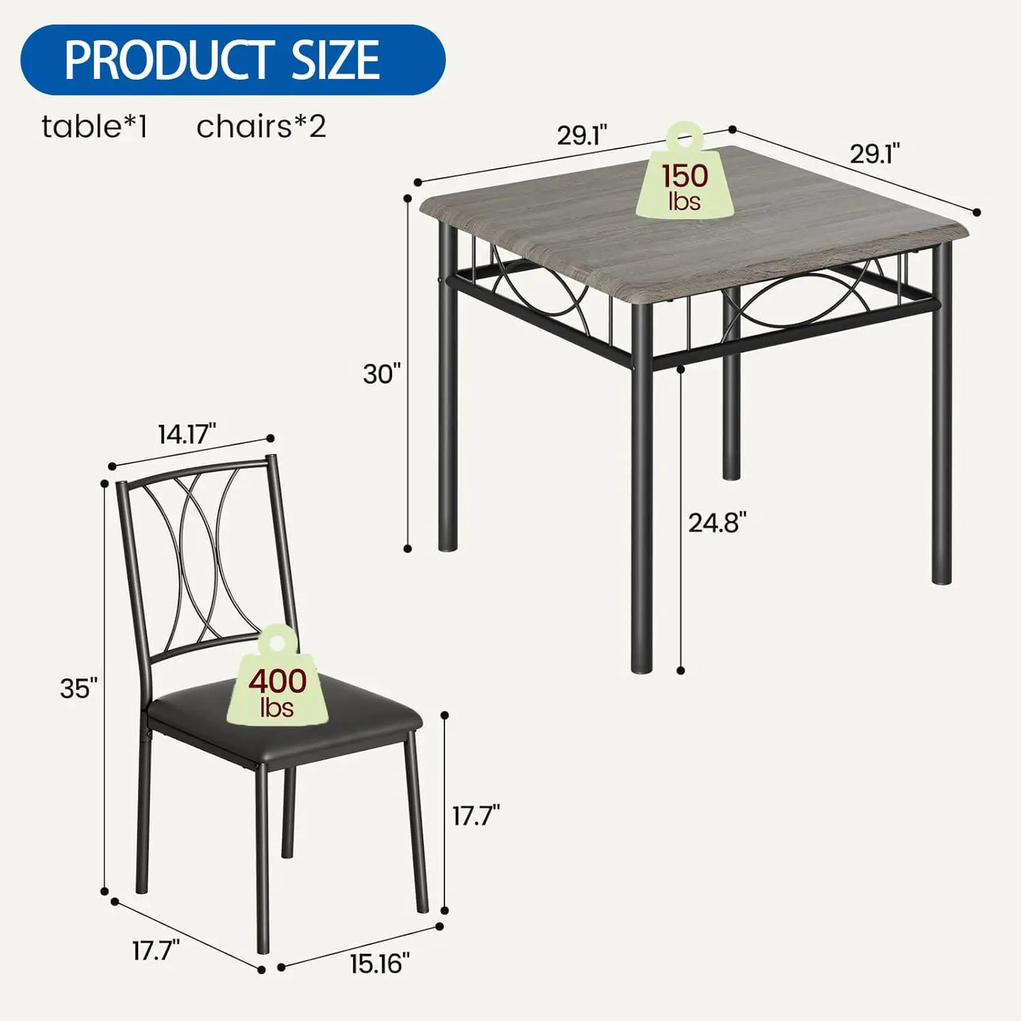 3-Piece Wood Dining Table Set for 2, Compact Square Kitchen Table Set with 2 Upholstered Chairs, Space-Saving Dining Table Set f