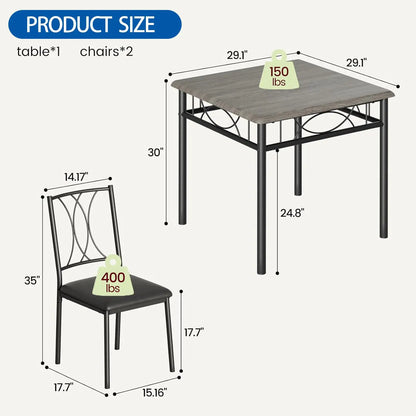 3-Piece Wood Dining Table Set for 2, Compact Square Kitchen Table Set with 2 Upholstered Chairs, Space-Saving Dining Table Set f