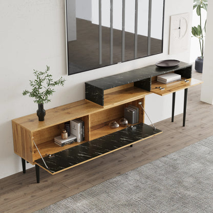 TV-Meubel – Tv-Kast – Media-Meubel – Wandmeubel – Modern Design – Marmerlook En Hout – Geschikt Voor 40-49 Inch Televisies - 129 x 30 x 58 cm - Bruin - QUORE