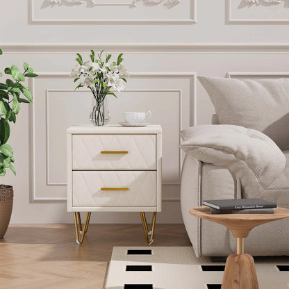 Nachtkastje – Bedside Table – Nachtkastje Set – Slaapkamer Kastje – Beige – 2 Lade Opbergruimte – Gouden Metalen Poten – PU Bekleding – 41x35,5x51 cm