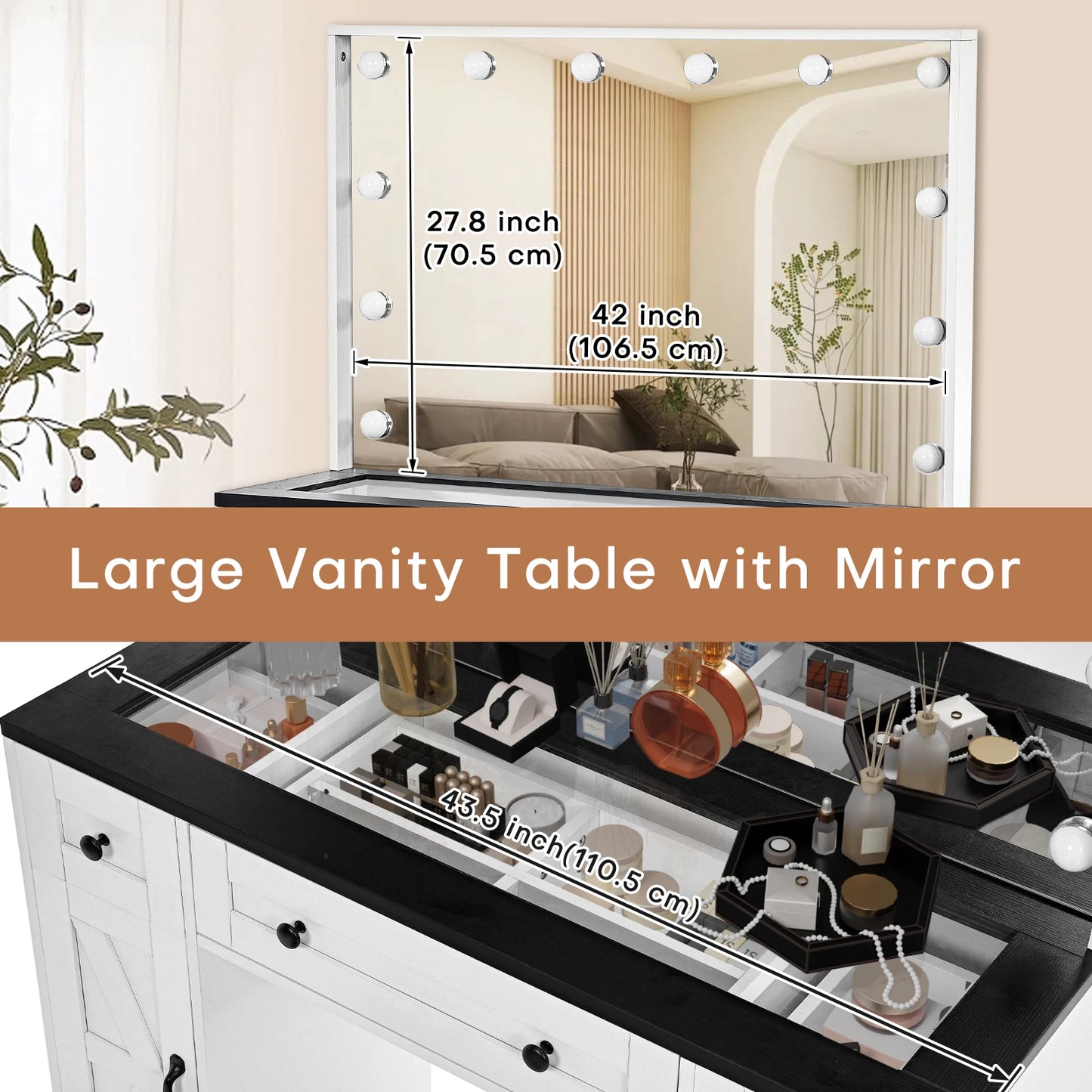 Make-Up Tafel – Make-Up Bureau – Dressing Tafel – Visagie Tafel – Verlichte Spiegel – Ruime Opbergruimte – Inclusief Comfortabele Kruk
