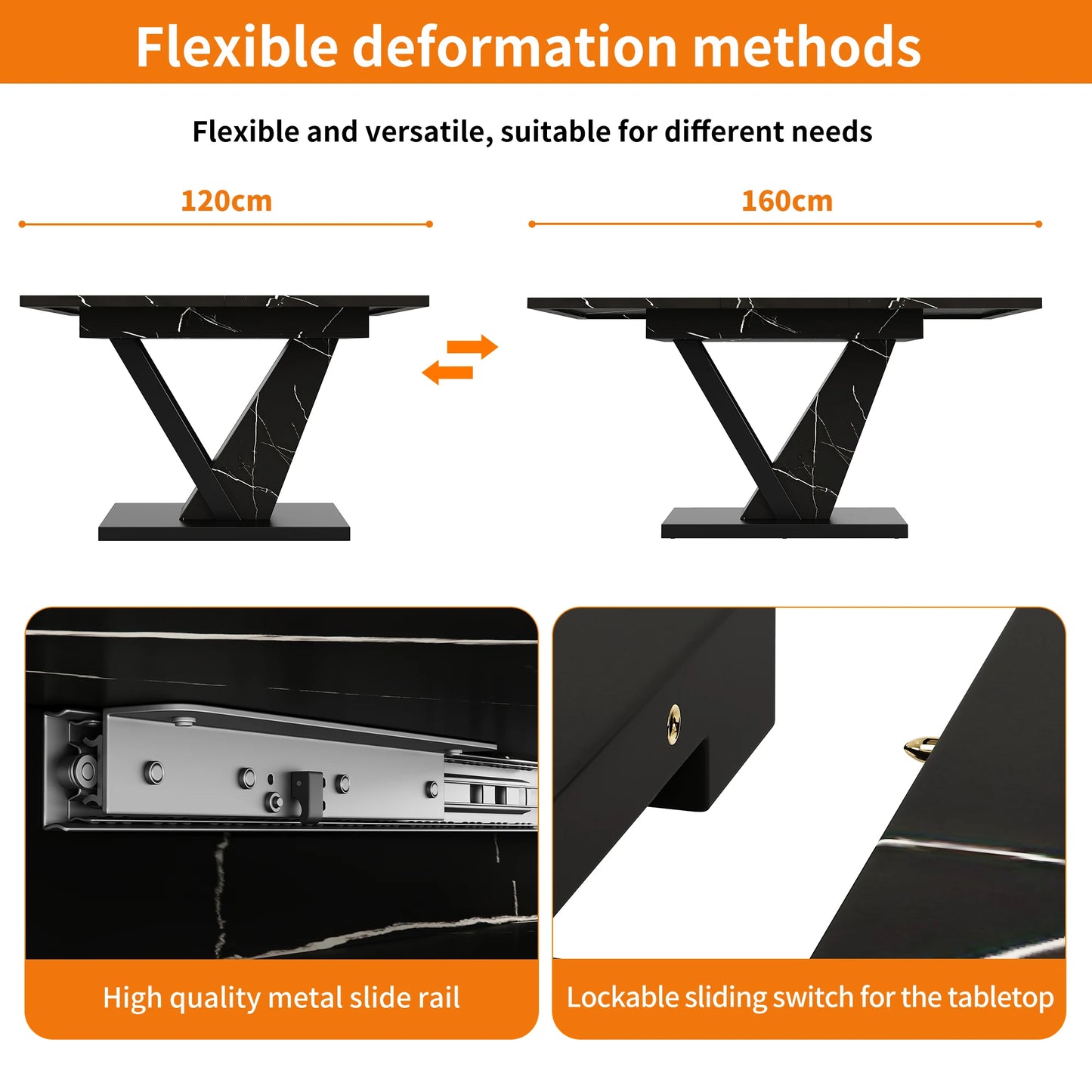 Uitschuifbare Eettafel – Uitklapbare Tafel – Keukentafel – Tafel Met Verlengstuk – Marmer Design – 120-160 cm – Zwart Marmer MDF – Verstelbare Metalen Poten