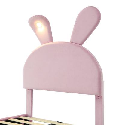 Kinderbed – Eenpersoonsbed – Jeugdbed – Slaapbank – Kinderbed met Lades – Roze Velvet Met Konijnenoren – Dimbare LED-Verlichting – 90x200 cm
