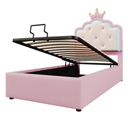 Bedframe 90x200 CM – Kinderbed – Opbergbed – Slaapbank – Led Verlichting – Zacht Roze PU Materiaal – Hydraulische Opbergruimte – Inclusief Lattenbodem – Afstandsbediening Ambient Lighting